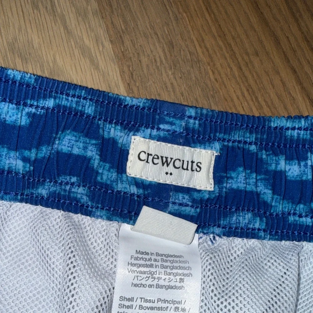 Crewcuts Boys' Navy Wave Print Swim Trunks with Neon Yellow Drawcord